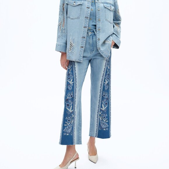 NWT Bayeas Ultra High-Rise Embroidered Wide Leg Patchwork Jeans - Picture 5 of 11